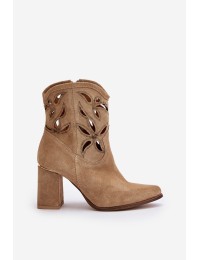 Suede Openwork Ankle Boots On Heel Beige Lewski 3629 - 3629 BEŻ B.WELUR