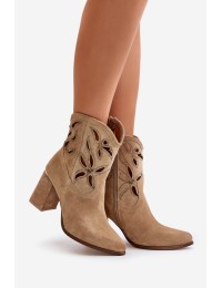 Suede Openwork Ankle Boots On Heel Beige Lewski 3629 - 3629 BEŻ B.WELUR