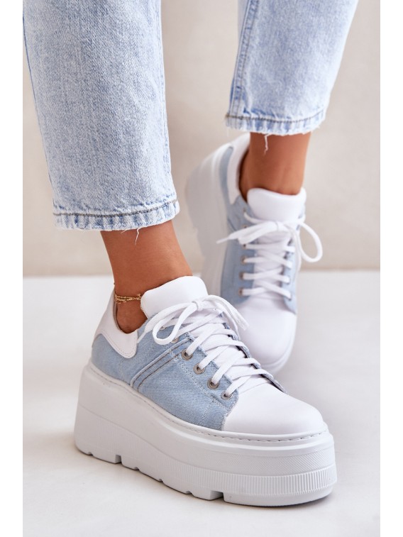 Leather Sneakers On Massive Platform Denim White Lewski 3586 - 3586 BIAŁ LICO/J.JEANS