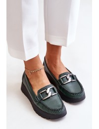 Leather Moccasins On Platform With Decoration Dark Green Zazoo 10141 - 10141 V.OLIWKA+CN