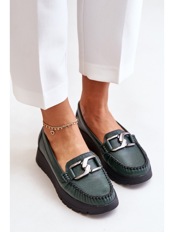 Leather Moccasins On Platform With Decoration Dark Green Zazoo 10141 - 10141 V.OLIWKA+CN