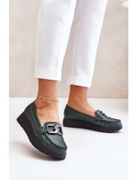 Leather Moccasins On Platform With Decoration Dark Green Zazoo 10141 - 10141 V.OLIWKA+CN