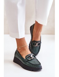 Leather Moccasins On Platform With Decoration Dark Green Zazoo 10141 - 10141 V.OLIWKA+CN