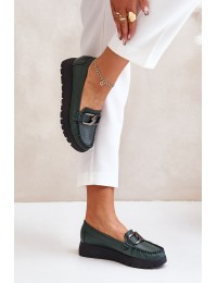 Leather Moccasins On Platform With Decoration Dark Green Zazoo 10141 - 10141 V.OLIWKA+CN