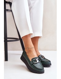 Leather Moccasins On Platform With Decoration Dark Green Zazoo 10141 - 10141 V.OLIWKA+CN