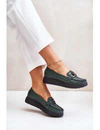 Leather Moccasins On Platform With Decoration Dark Green Zazoo 10141 - 10141 V.OLIWKA+CN