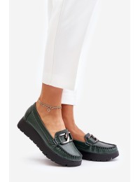 Leather Moccasins On Platform With Decoration Dark Green Zazoo 10141 - 10141 V.OLIWKA+CN