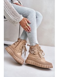 Women's Platform Boots With Decorative Lacing Brown Edidda - 24BT26-7378 CAMEL