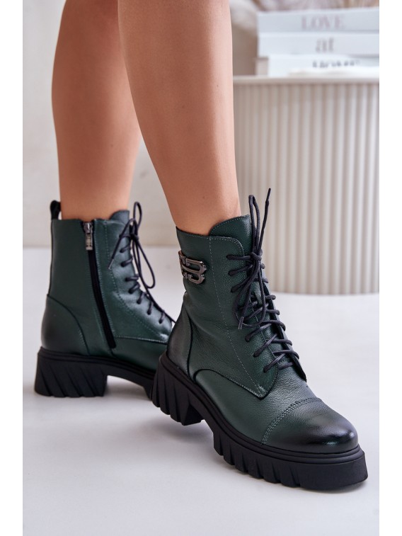 Zazoo 60486 Leather Ankle Boots Workwear Insulated Dark Green - 60486 V.OLIWKA+CN