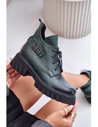 Zazoo 60483 Women's Leather Ankle Boots With Low Shaft Insulated Dark Green - 60483 V.OLIWKA+CN