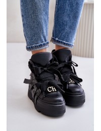 Leather Women's Sneakers On Massive Platform CheBello 4561 Black - 4561 CZARNY