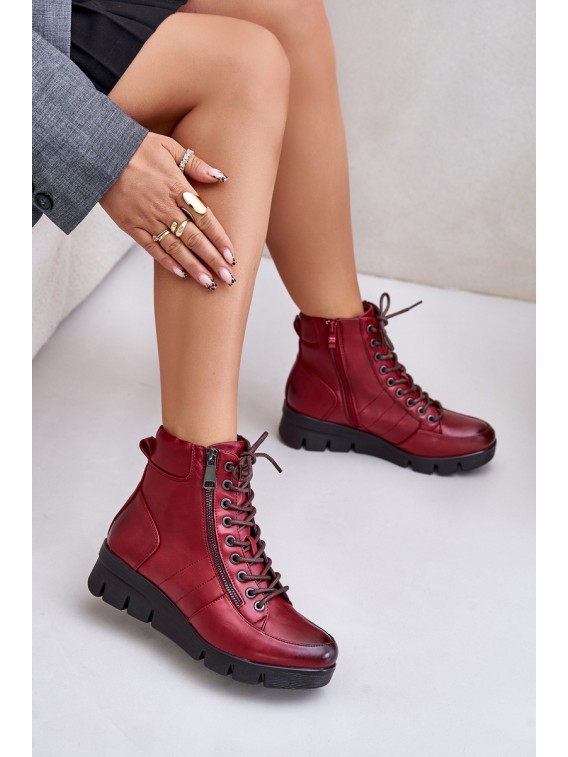 Light Warm Women's Ankle Boots On Platform And Wedge Burgundy Savindria - RMR23109A-2 CZERWONY